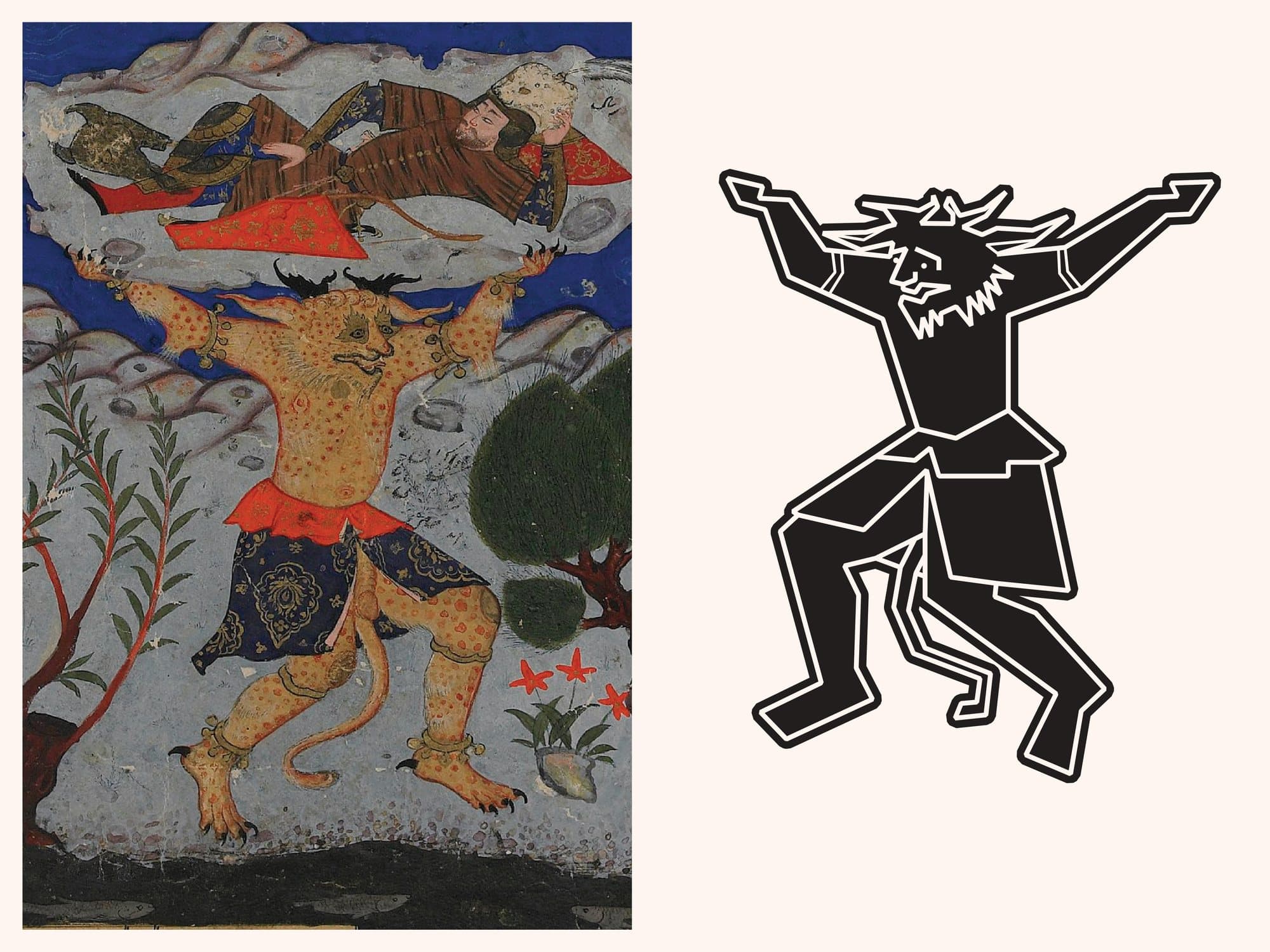 The Shahnameh miniature beside the Akvan character redrawn as a line figure
