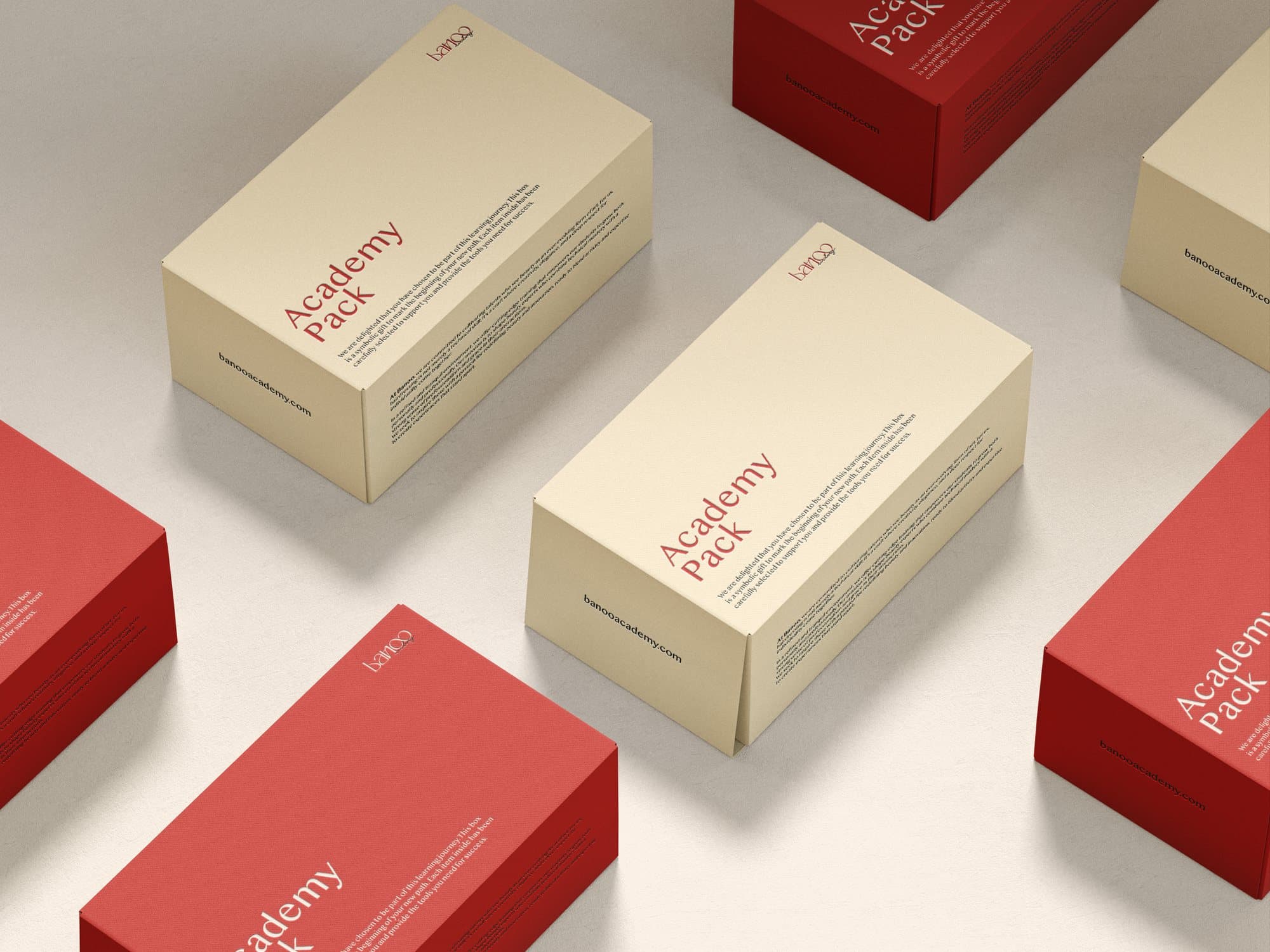 Academy Pack boxes in red and cream