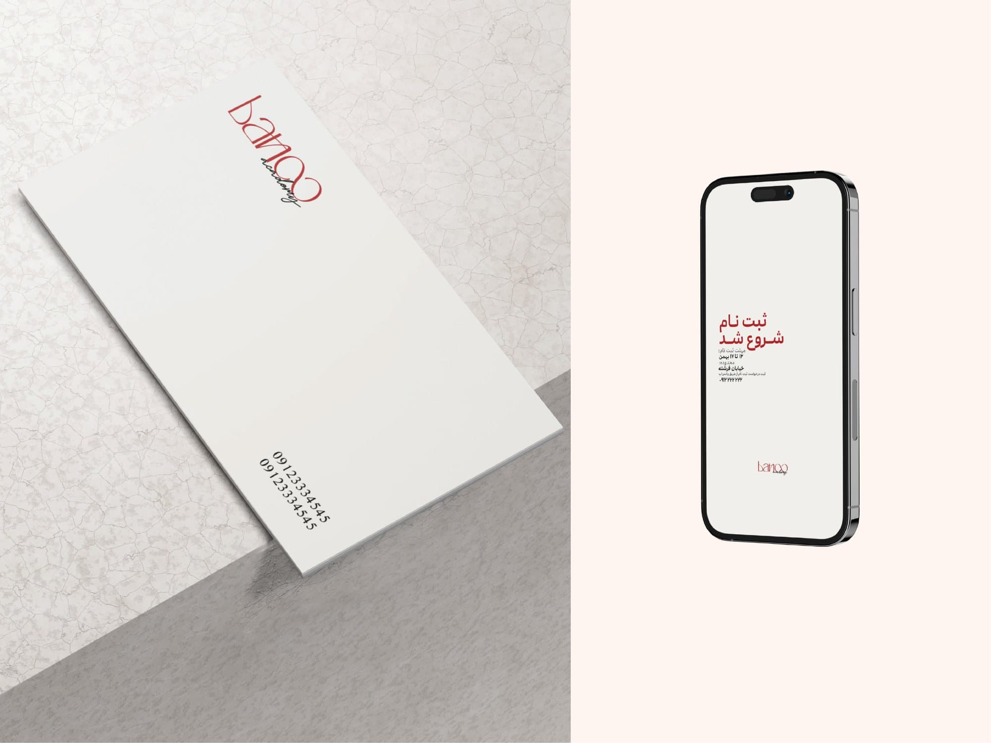 Banoo stationery and the registration screen on a phone