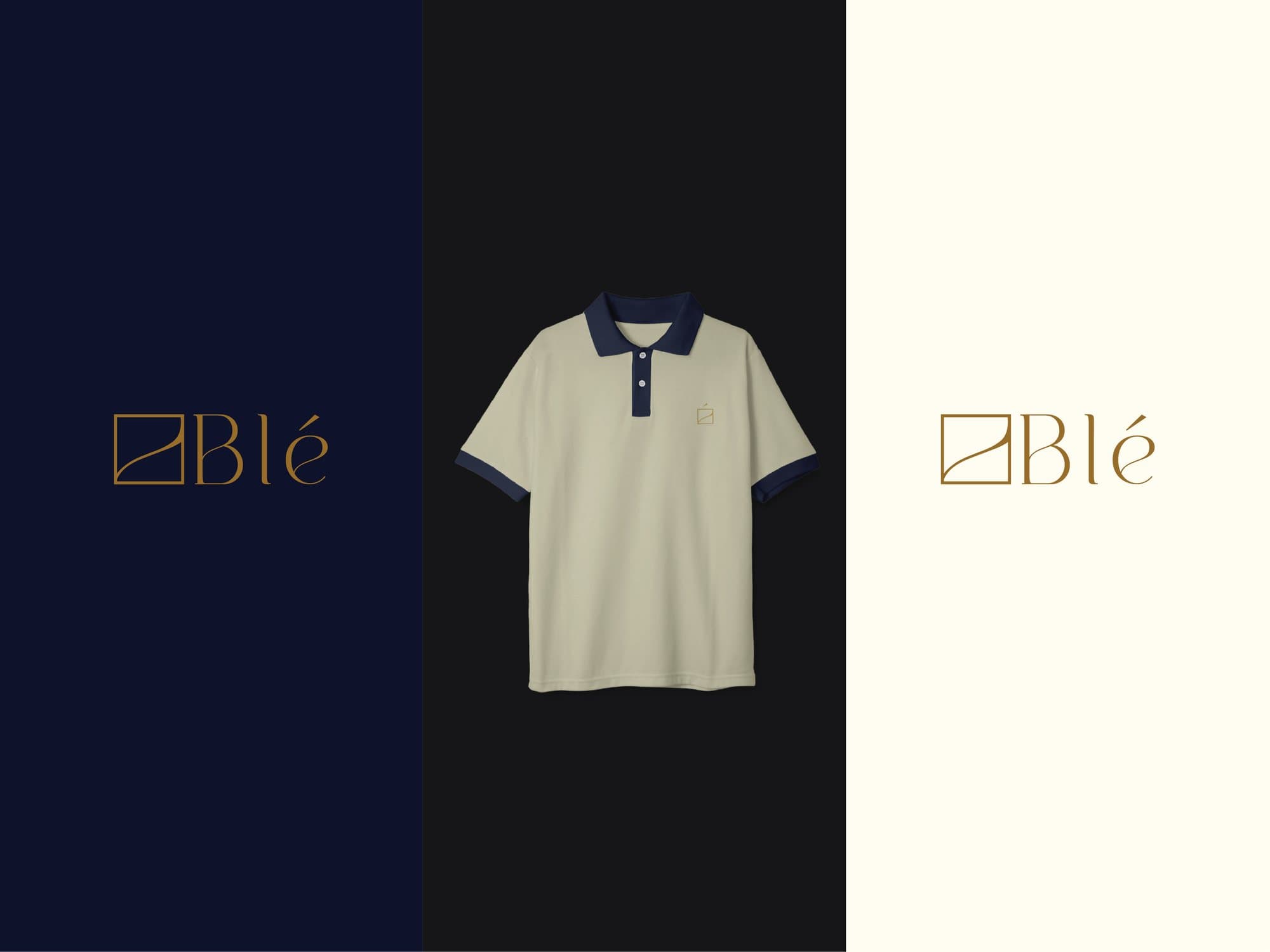 The Blé wordmark on navy and cream, with the staff polo shirt