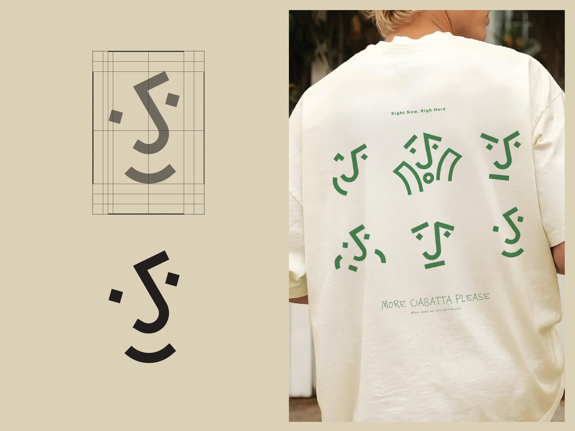 The kāf mark on its construction grid, and the mascot printed across a shirt