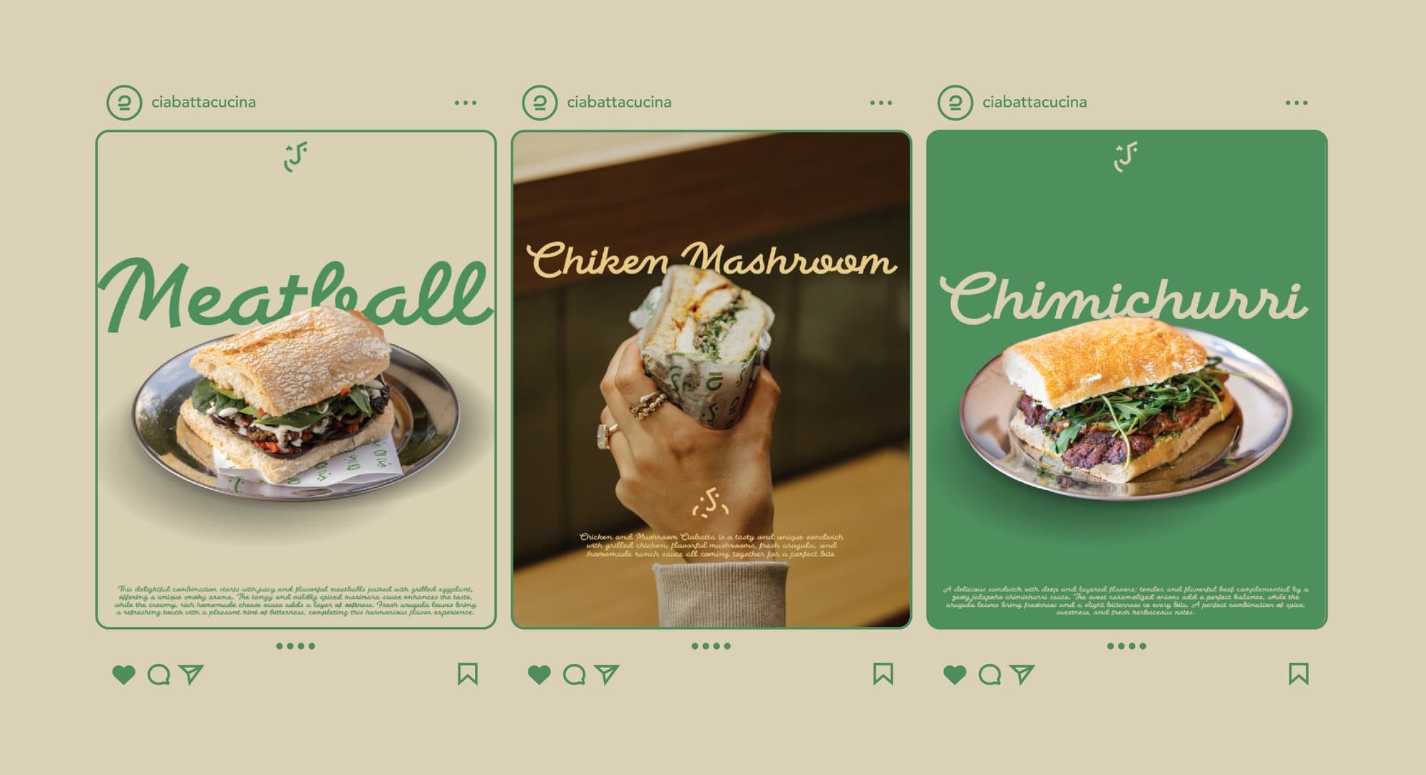 Instagram posts for the sandwich range — Meatball, Chicken Mushroom, Chimichurri