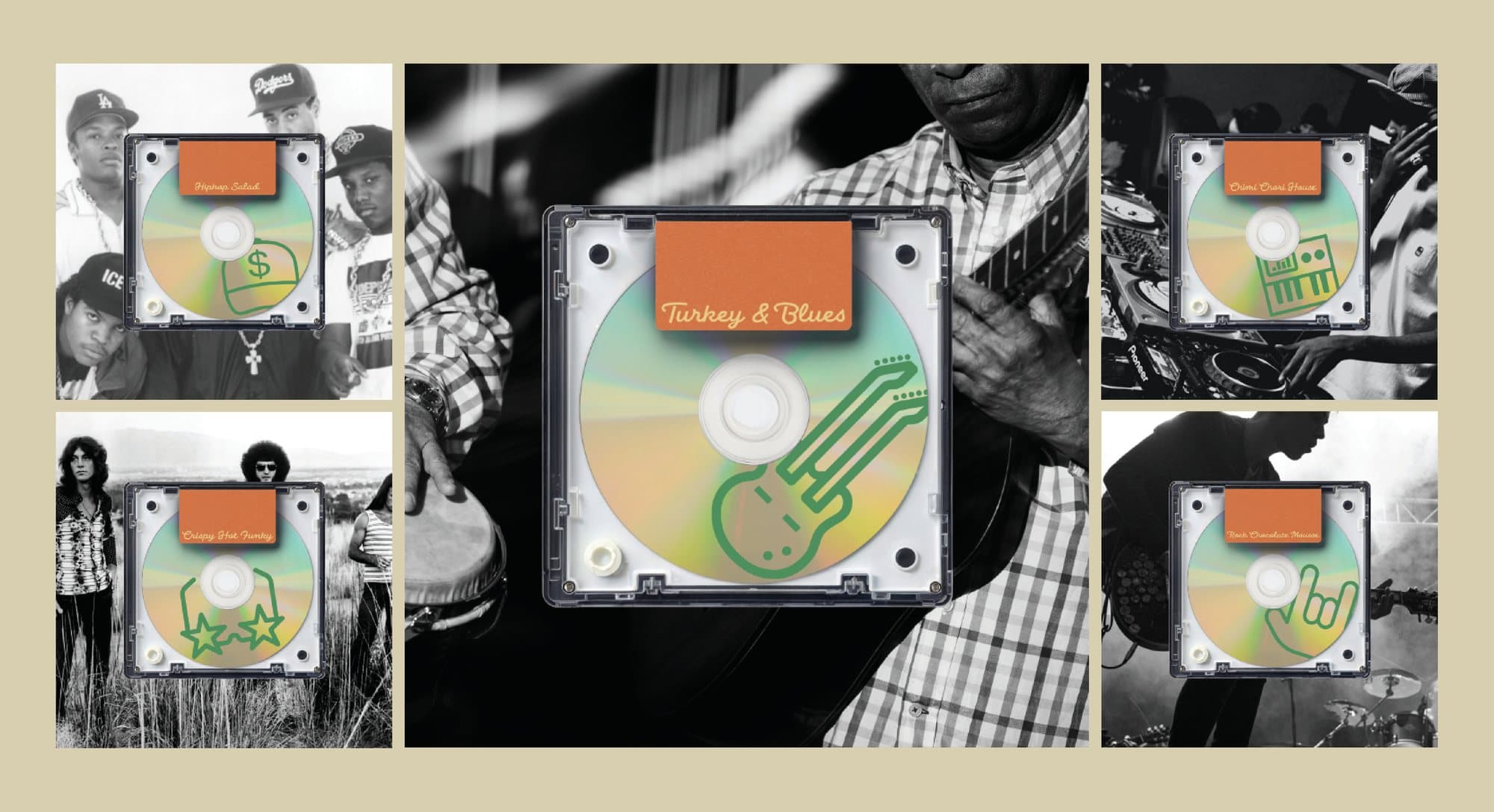 Spotify covers pairing black and white music imagery with coloured discs