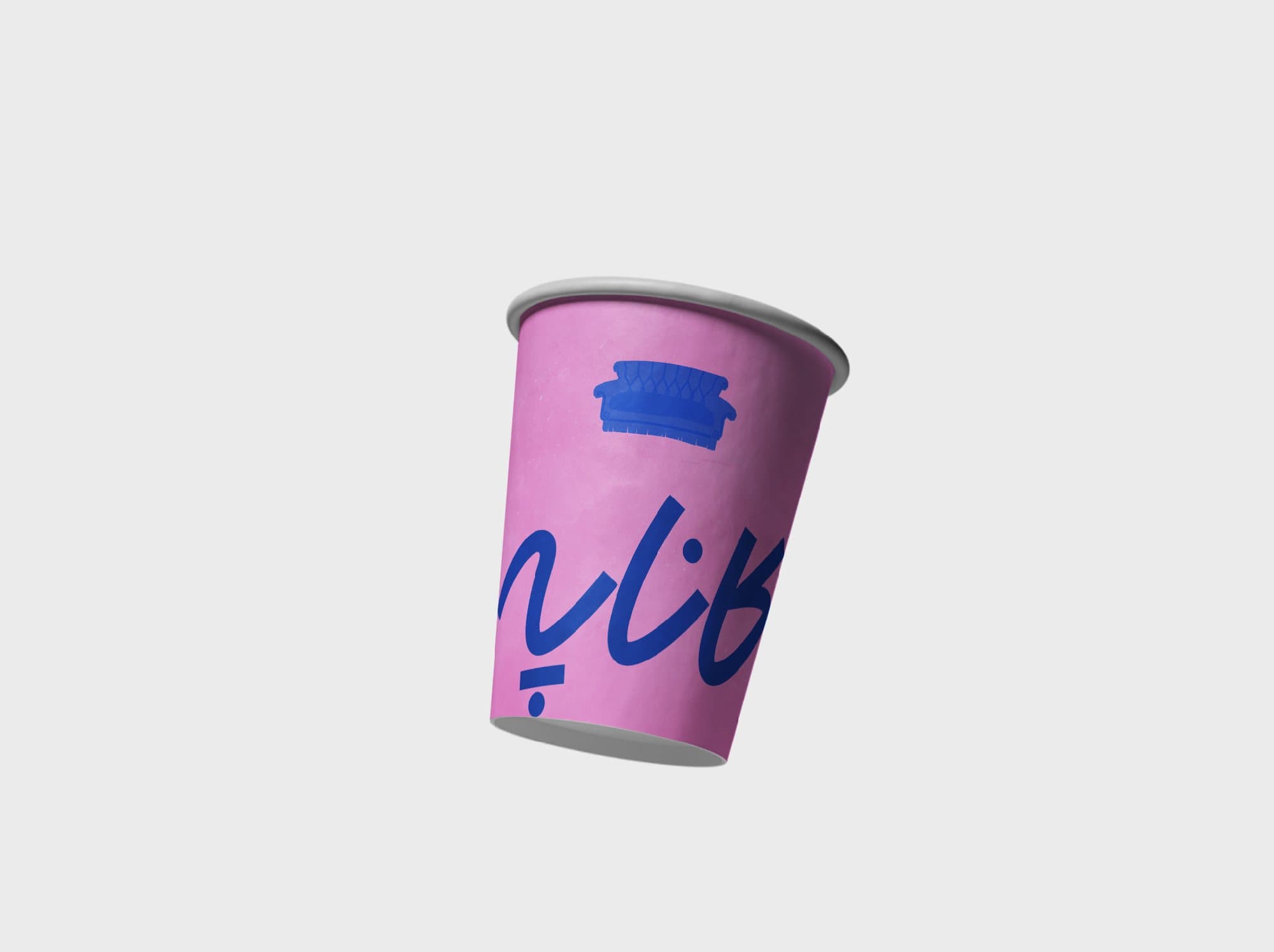 A branded paper cup in pink and blue