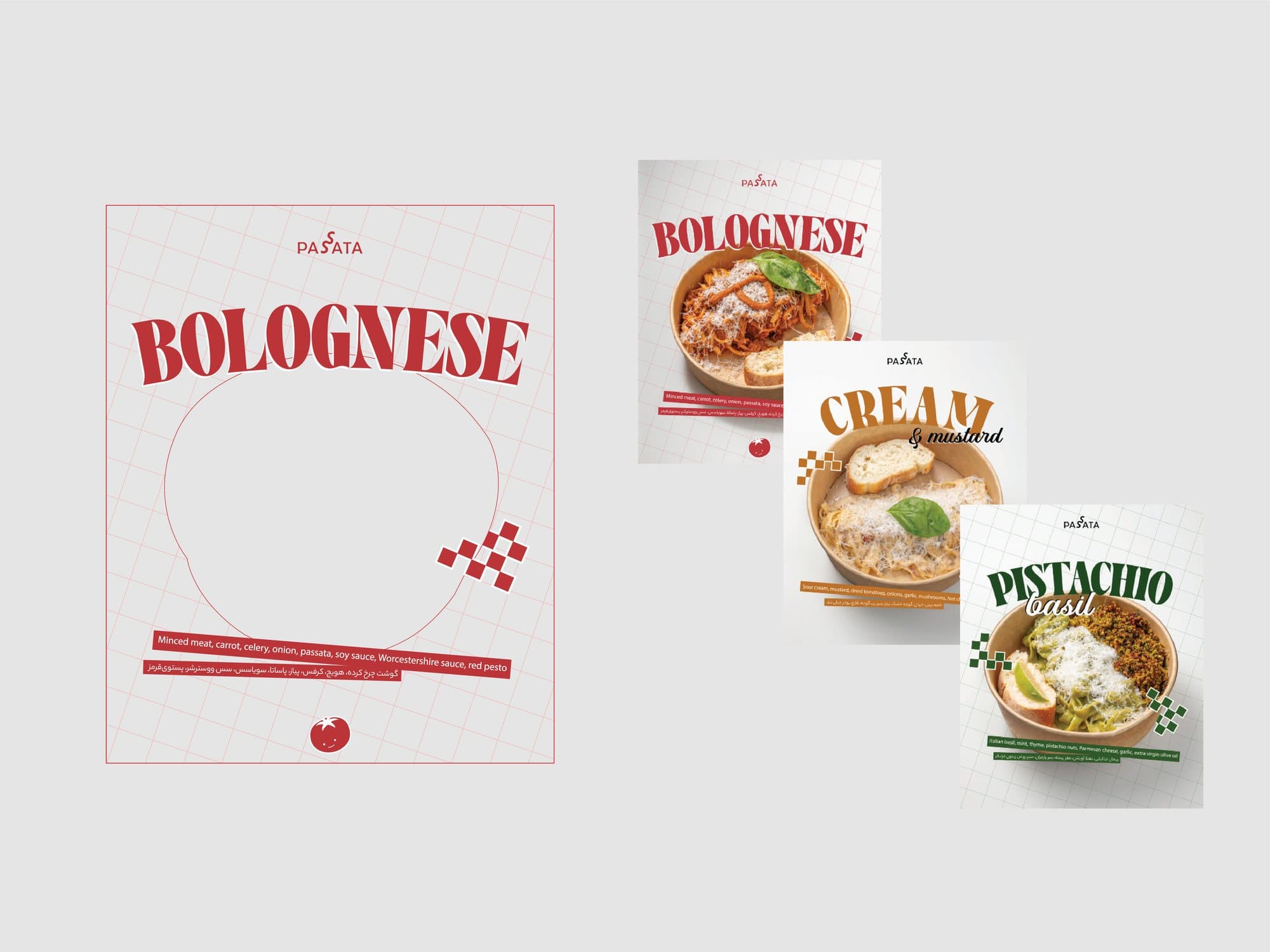 The Bolognese, Cream & Mustard and Pistachio & Basil menu posters