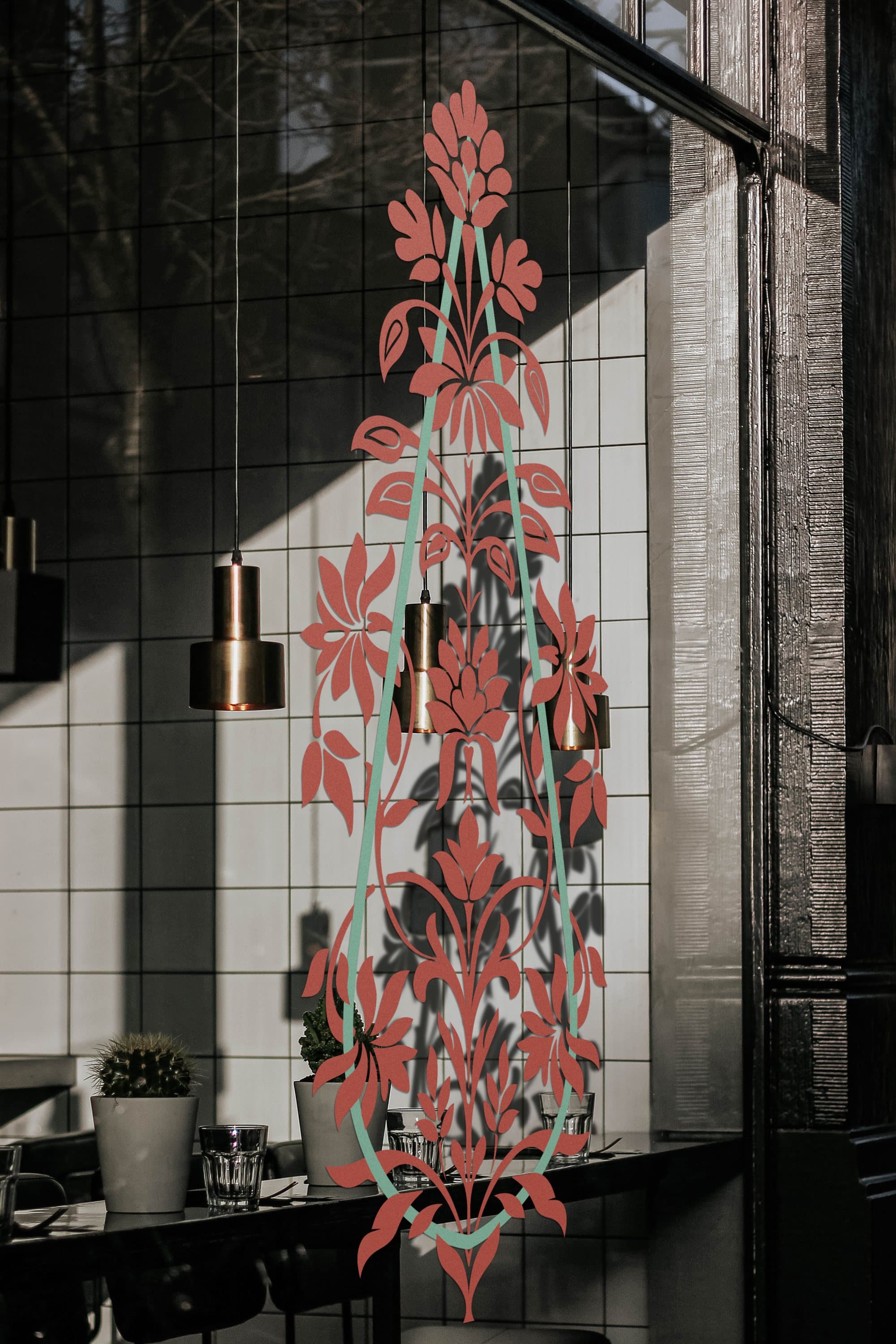 The monogram in the restaurant window