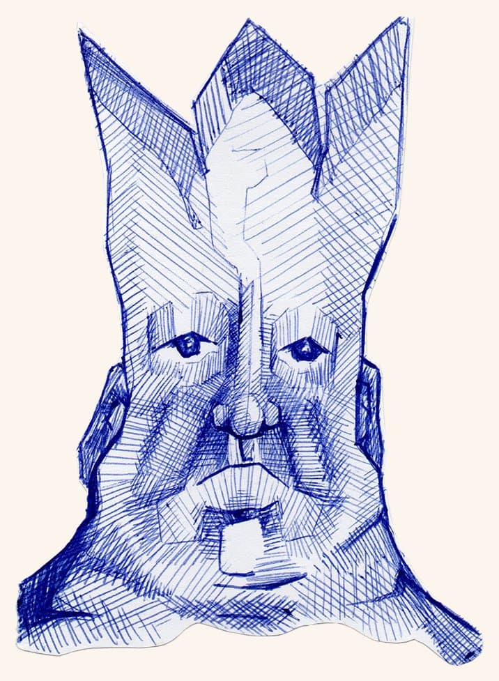 A crowned head drawn in ballpoint and cut from the page